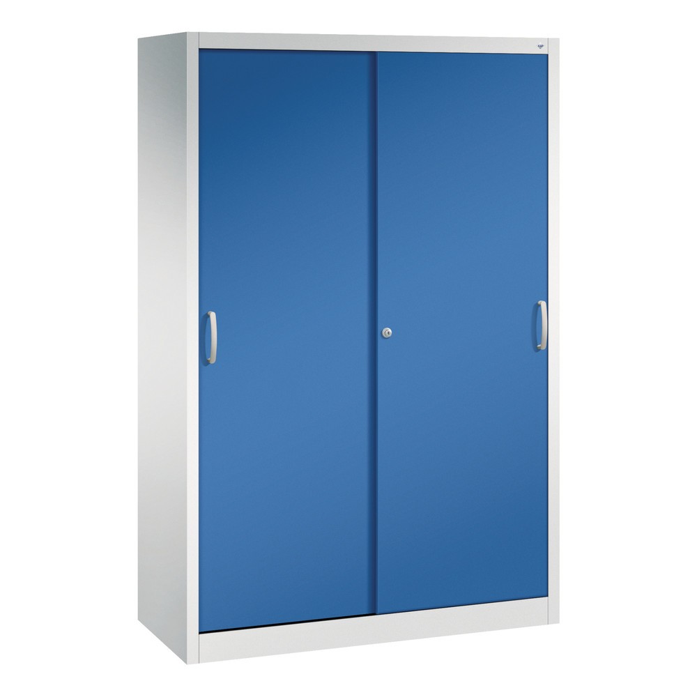 Illustration du produit: Armoire à portes coulissantes d’atelier C+P avec 4 tablettes, H x l x P 1 950 x 1 200 x 500 mm, gris clair, bleu gentiane