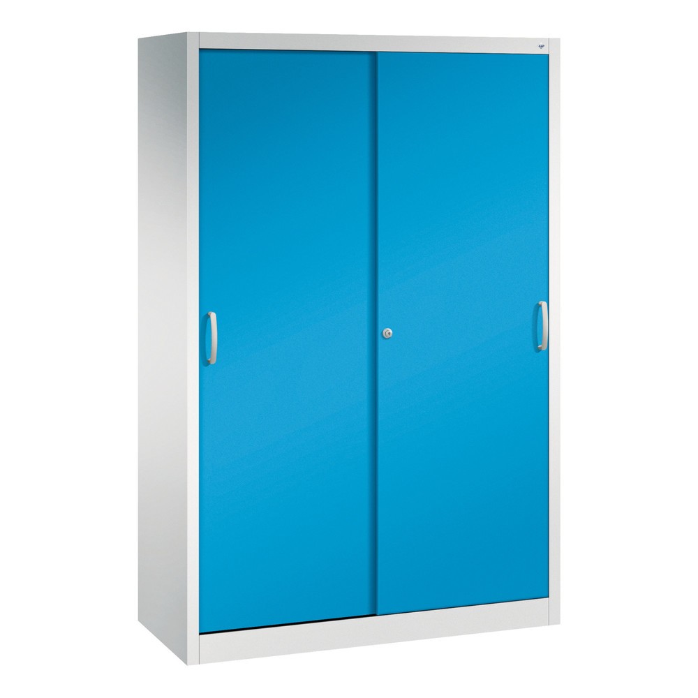 Illustration du produit: Armoire à portes coulissantes d’atelier C+P avec 4 tablettes, H x l x P 1 950 x 1 200 x 500 mm, gris clair, bleu clair