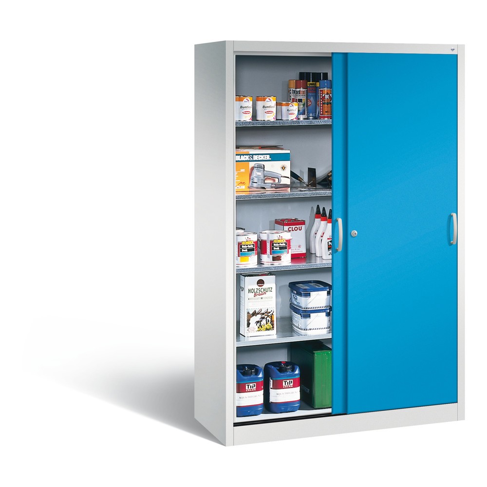 Produktabbildung Nr. 4: Armoire à portes coulissantes d’atelier C+P avec 4 tablettes, H x l x P 1 950 x 1 200 x 500 mm, gris clair, bleu clair