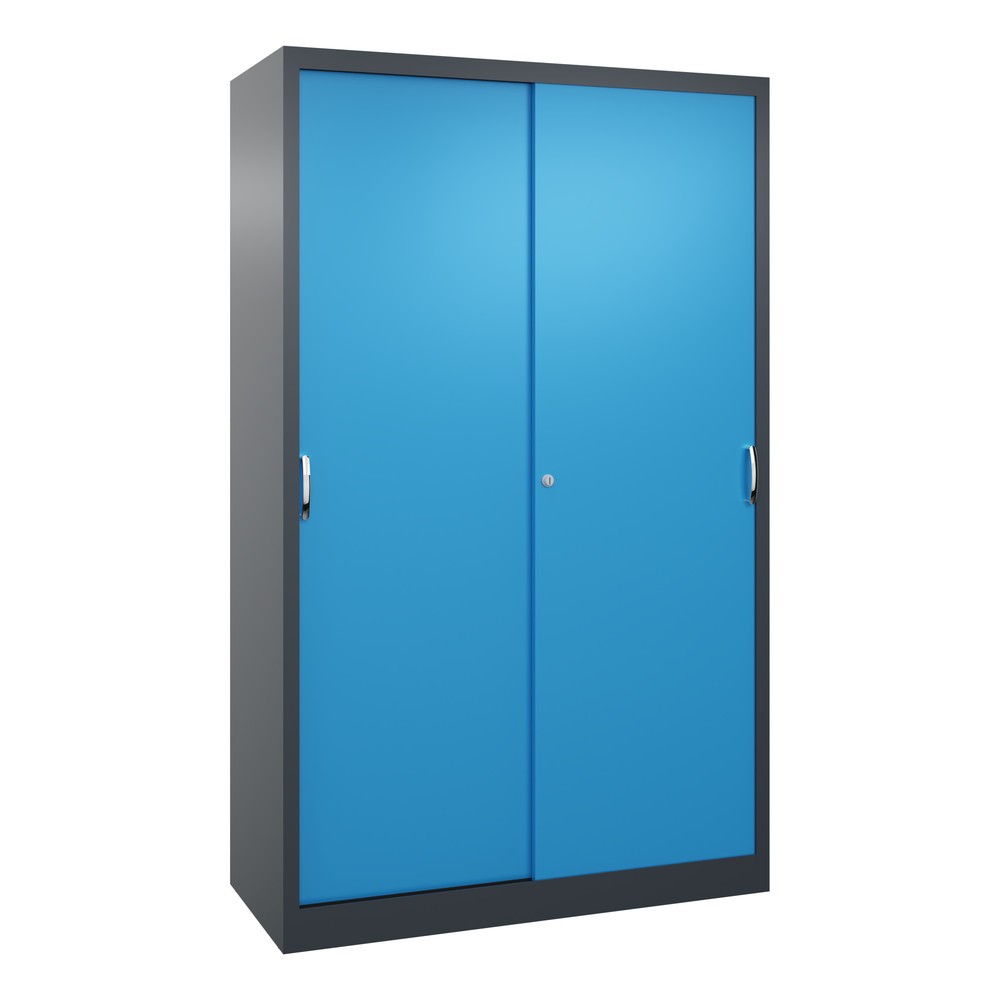 Illustration du produit: Armoire à portes coulissantes d’atelier C+P avec 4 tablettes, H x l x P 1 950 x 1 200 x 500 mm, gris anthracite, bleu clair