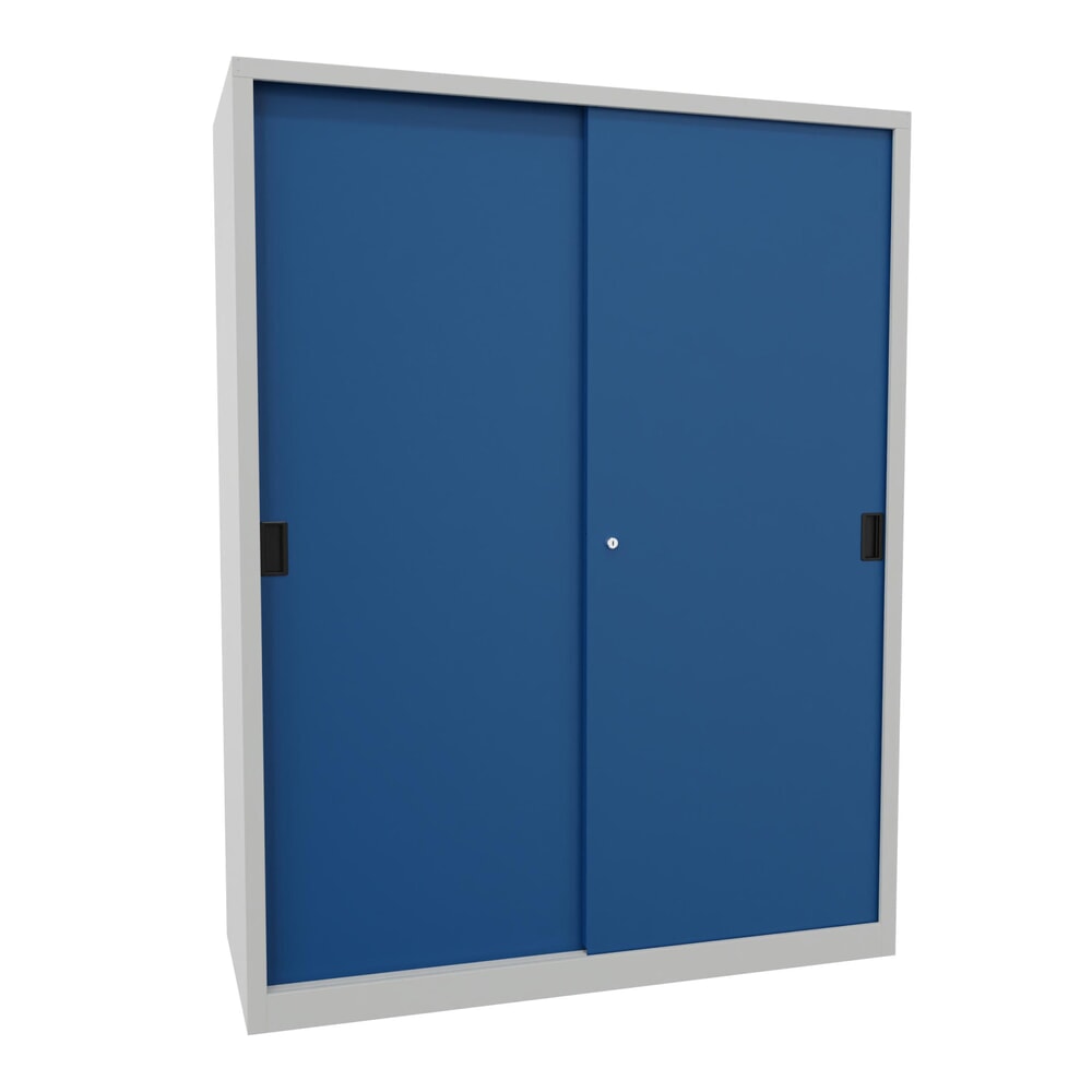 Produktabbildung Nr. 1: Armoire à portes coulissantes PAVOY avec mit 8 tablettes + cloison de séparation, HxlxP 1 950 x 1 500 x 600 mm, bleu gentiane, gris clair