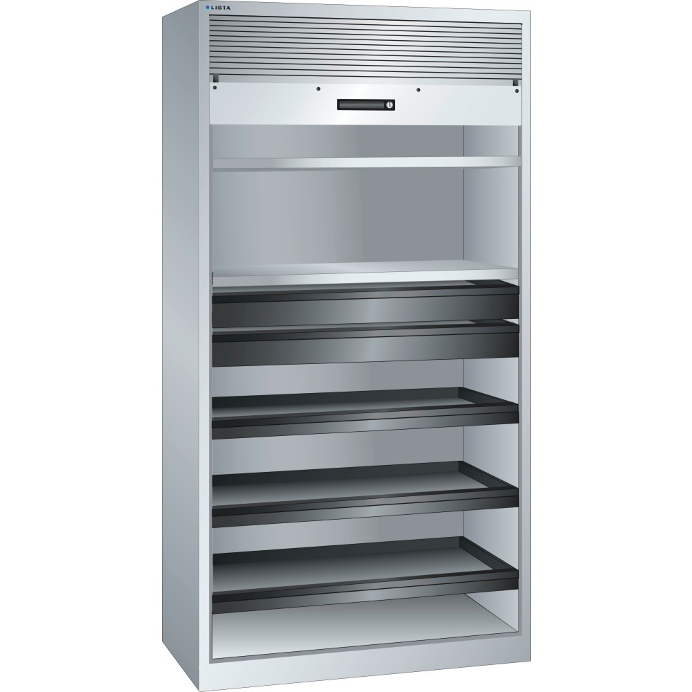 Illustration du produit: Armoire à rideaux LISTA, (lxPxH) 1 000x580x1 950 mm, 3 étagères coulissantes, 2 étagères réglables, gris clair