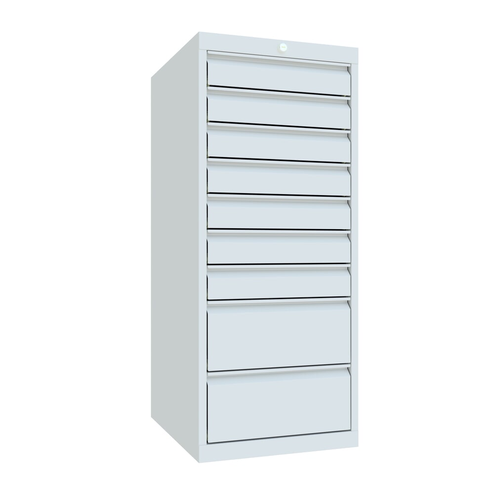 N° de l'image du produit 1 : Armoire à tiroirs PAVOY, hauteur 1 200 mm, tiroirs 7 x 100 mm + 2 x 200 mm, largeur 500 mm, gris clair, gris clair