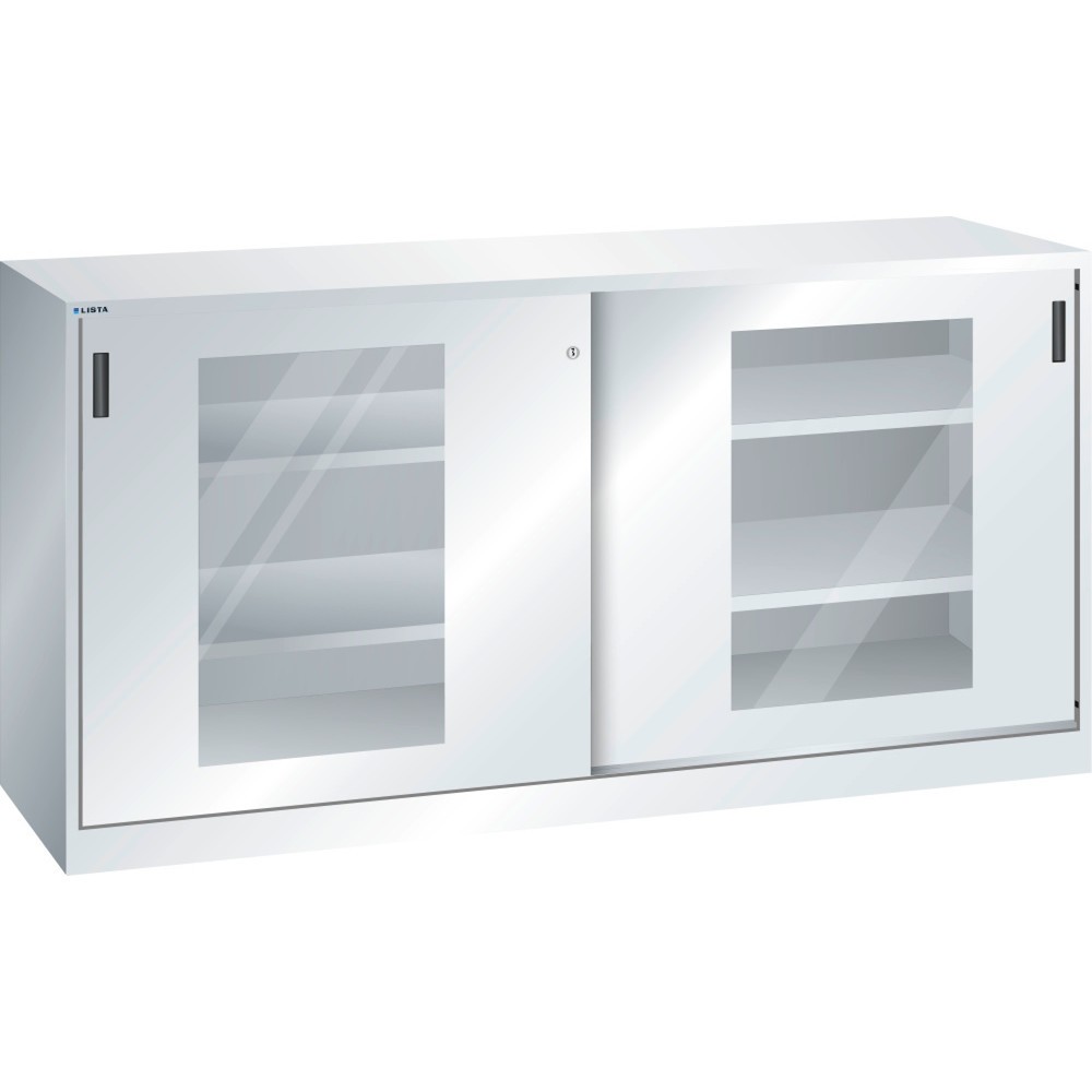 Armoire d'appoint LISTA avec portes coulissantes, (lxH) 2 000x1 000 mm, 4 étagères réglables, vitres transparentes, profondeur 400 mm, gris clair Illustration du produit: Armoire d'appoint LISTA avec portes coulissantes, (lxH) 2 000x1 000 mm, 4 étagères réglables, vitres transparentes, profondeur 400 mm, gris clair