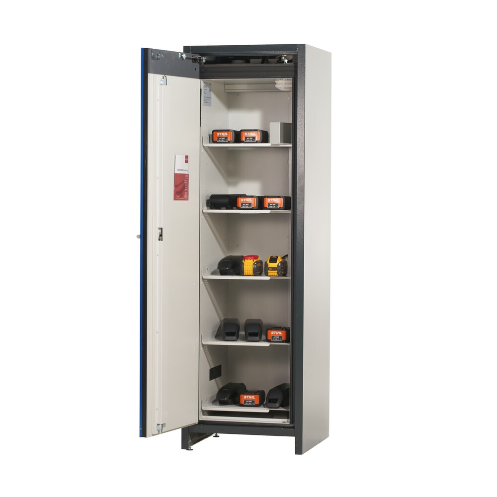 N° de l'image du produit 5 : Armoire de sécurité asecos® type 90 pour batteries lithium-ions ION-CORE-STORE, HxlxP 1 953 x 599 x 615 mm, 5 tablettes perforées, 1 bac de rétention au sol