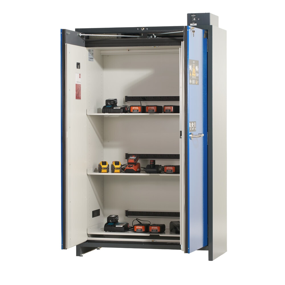 N° de l'image du produit 2 : Armoire de sécurité asecos® type 90 pour batteries lithium-ions ION-PRO-CHARGE, H x l x P 2 224 x 1 193 x 615 mm, 3 tablettes perforées, 3 multiprises (version UE), 1 bac de rétention au sol