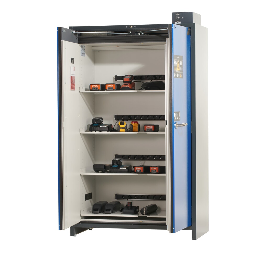 N° de l'image du produit 5 : Armoire de sécurité asecos® type 90 pour batteries lithium-ions ION-PRO-CHARGE, H x l x P 2 224 x 1 193 x 615 mm, 4 tablettes perforées, 4 multiprises (version UE), 1 bac de rétention au sol