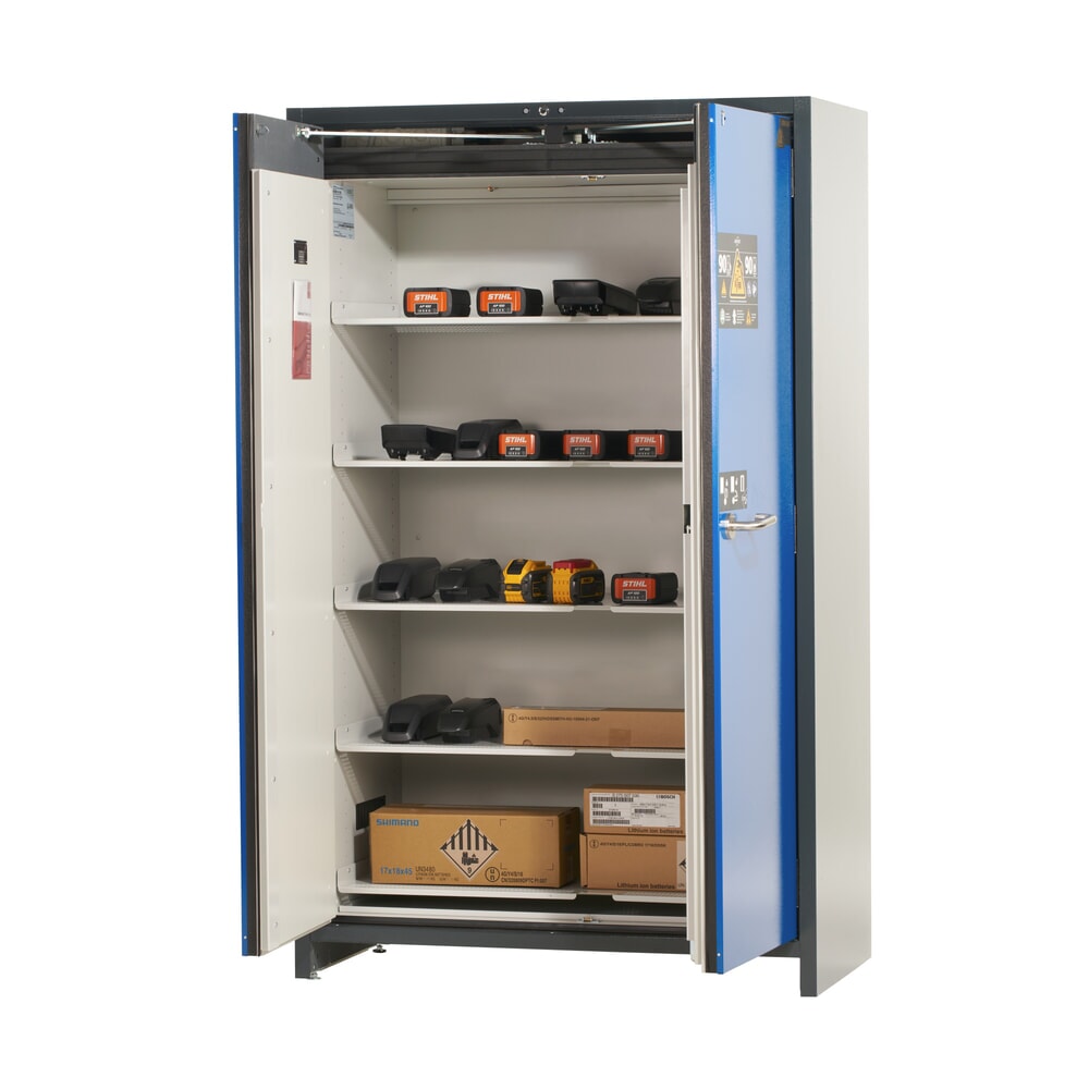 N° de l'image du produit 6 : Armoire de sécurité asecos® type 90 pour batteries lithium-ions ION-PRO-STORE, HxlxP 1 953 x 1 193 x 615 mm, 5 tablettes perforées, 1 bac de rétention au sol