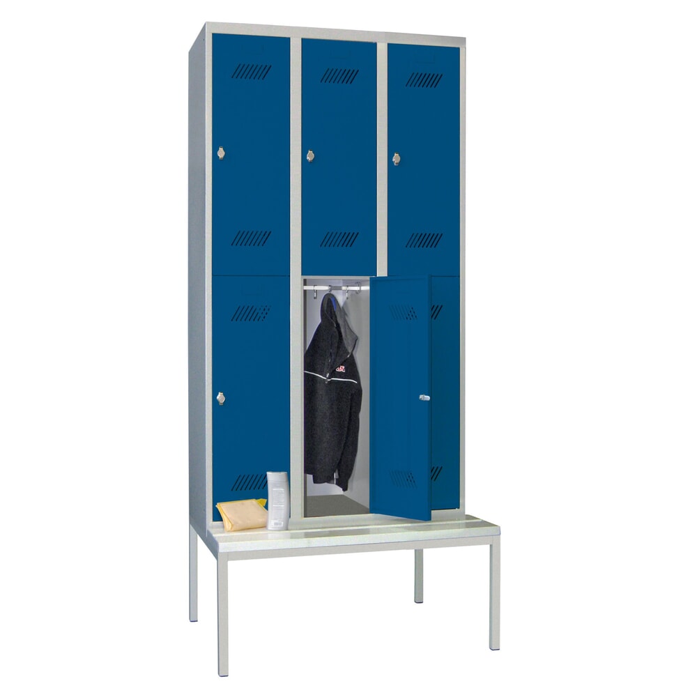 Produktabbildung Nr. 2: Armoire-penderie avec banc PAVOY, 2 niveaux, 3 x 2 compartiments de 300 mm, fermeture à pêne tournant, bleu gentiane, gris clair