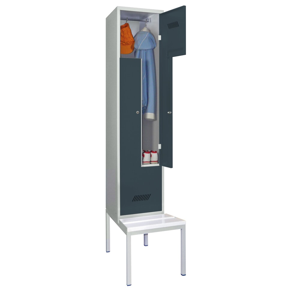 Produktabbildung Nr. 2: Armoire-penderie en Z avec banc PAVOY, 2 compartiments, serrure à cylindre, gris clair, gris anthracite, Plastique, blanc