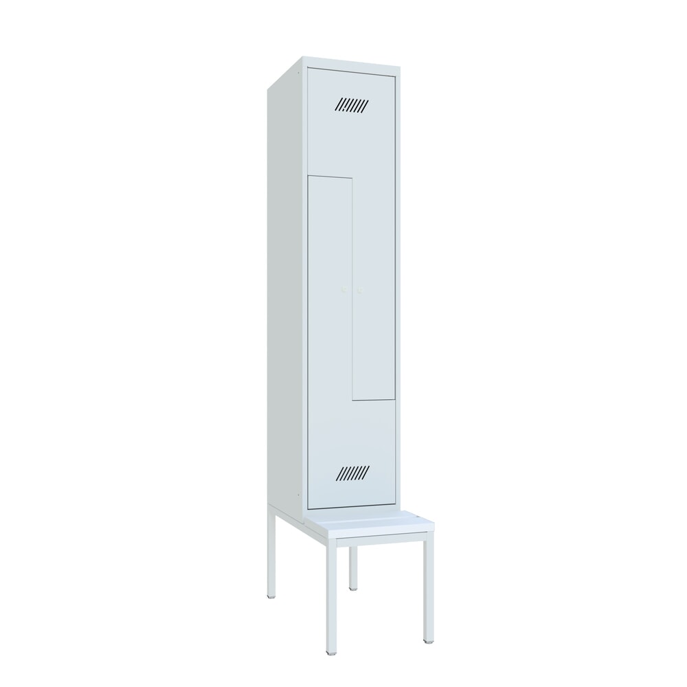 N° de l'image du produit 1 : Armoire-penderie en Z avec banc PAVOY, 2 compartiments, serrure à cylindre, gris clair, gris clair, Plastique, blanc