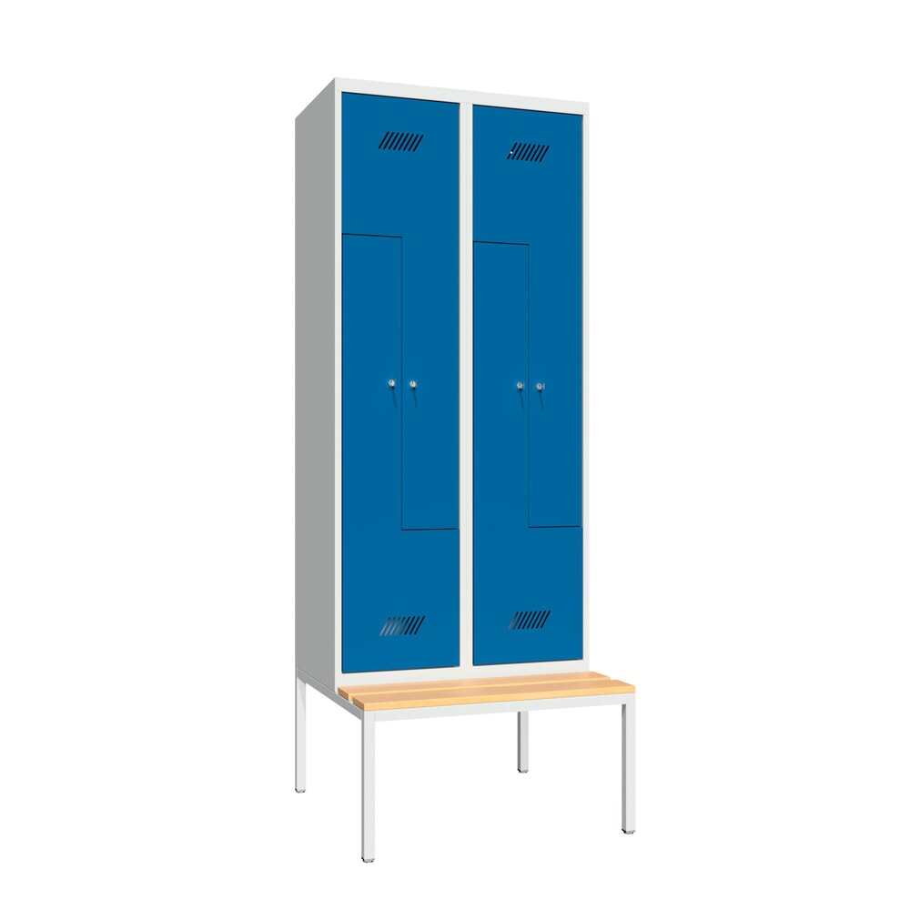 Produktabbildung Nr. 1: Armoire-penderie en Z avec banc PAVOY, 4 compartiments, serrure à cylindre, gris clair, bleu gentiane, Hêtre