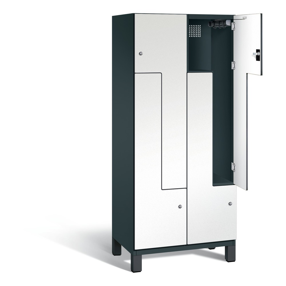 Illustration du produit: Armoire-penderie en Z Cambio C+P, 2 compartiments, largeur des compartiments 400 mm, HxlxP 1 980x800x525 mm, RAL 7016 gris anthracite, décor blanc, pieds