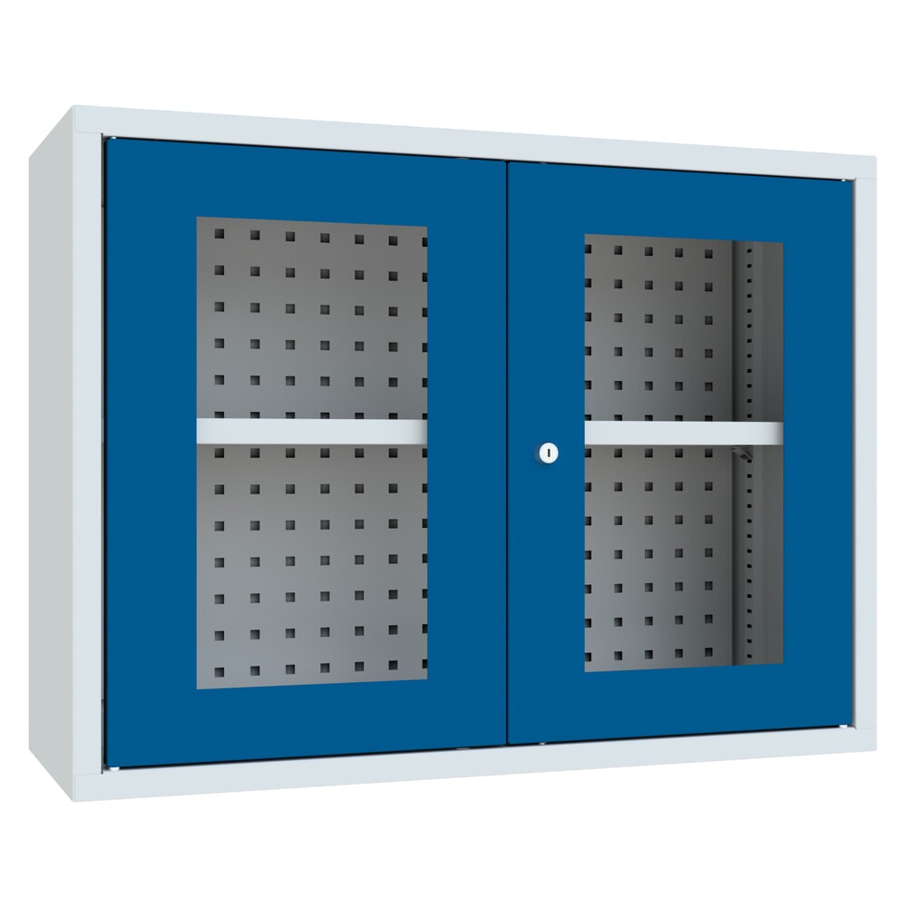 Produktabbildung Nr. 1: Armoire suspendue PAVOY avec regard, H x l x P 600 x 800 x 300 mm, paroi arrière perforée, bleu gentiane, gris clair
