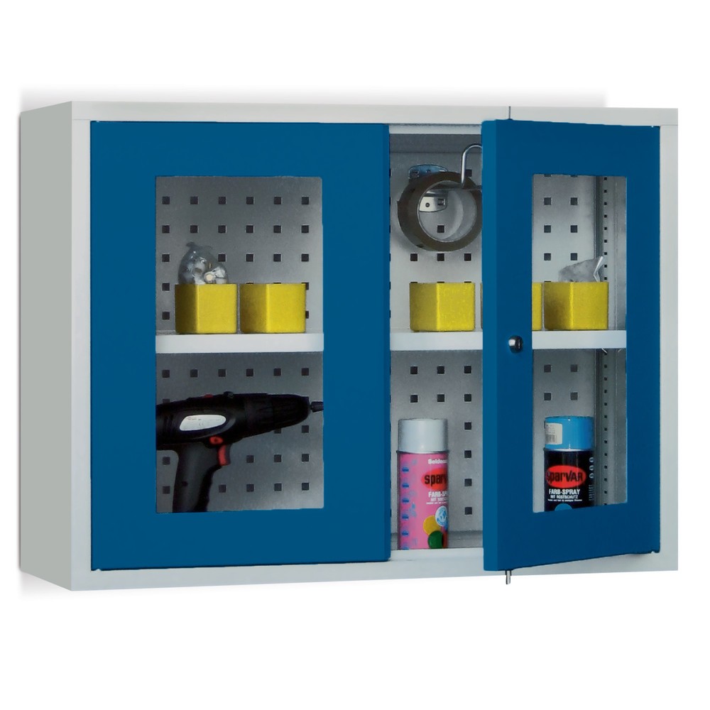Produktabbildung Nr. 1: Armoire suspendue PAVOY avec regard, H x l x P 600 x 800 x 300 mm, paroi arrière perforée, rouge rubis, bleu gentiane