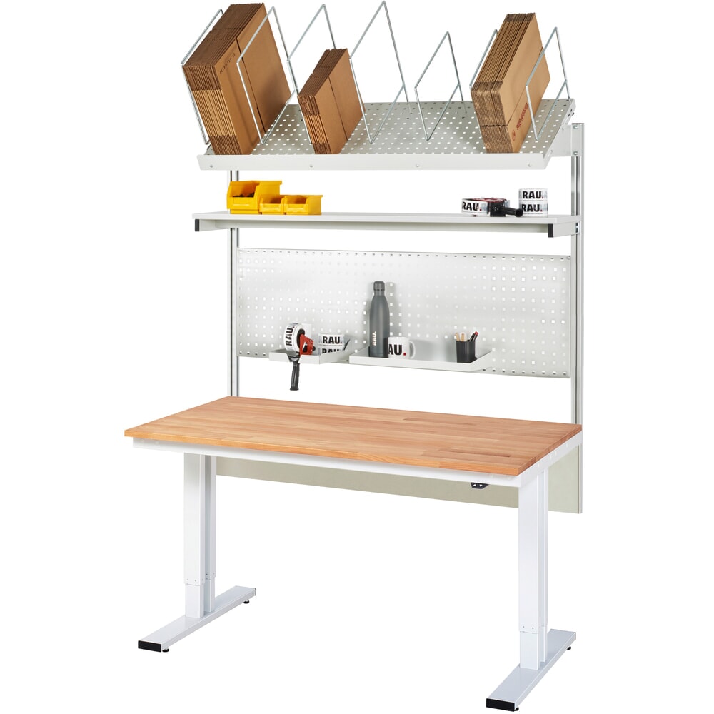 Productafbeelding nr. 6: RAU elektrisch in hoogte verstelbare paktafel-set adlatus 300, opbouw met opbergsysteem voor verpakkingsmateriaal en geperforeerde plaat, hxbxd 1.850‑2.250 mm x 1.500 mm x 1000 mm