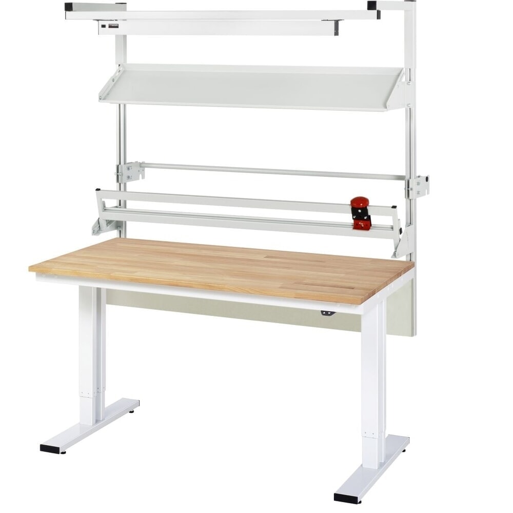 Illustration du produit: Ensemble de table d’emballage RAU réglable en hauteur électriquement adlatus 300, installation avec éclairage LED et dispositif de coupe, H x l x P 1 850–2 250 mm x 1 500 mm x 800 mm