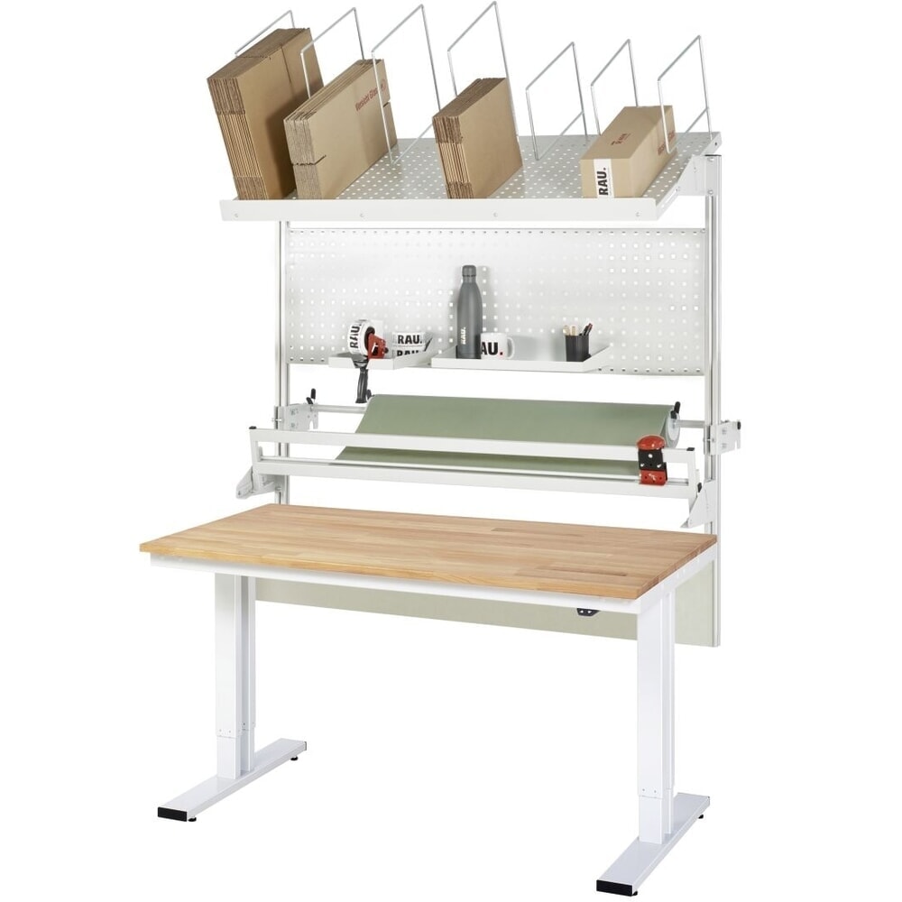 Productafbeelding nr. 13: RAU elektrisch in hoogte verstelbare paktafel-set adlatus 300, opbouw met opbergsysteem voor verpakkingsmateriaal, geperforeerde plaat en snijapparaat, hxbxd 1.850‑2.250 mm x 2.000 mm x 800 mm