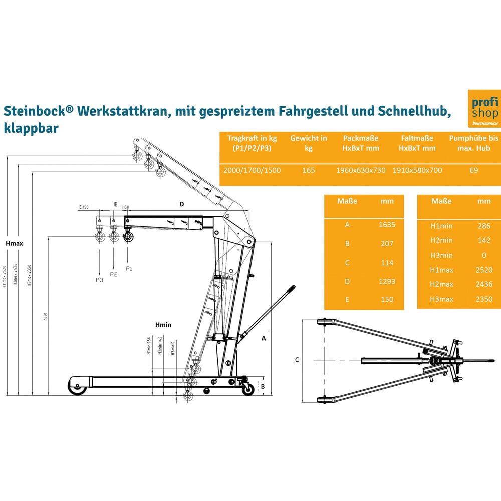 N° de l'image du produit 5 : Steinbock® Palan d’atelier avec châssis écarté et levée rapide, rabattable, capacité de charge 1 500-2 000 kg