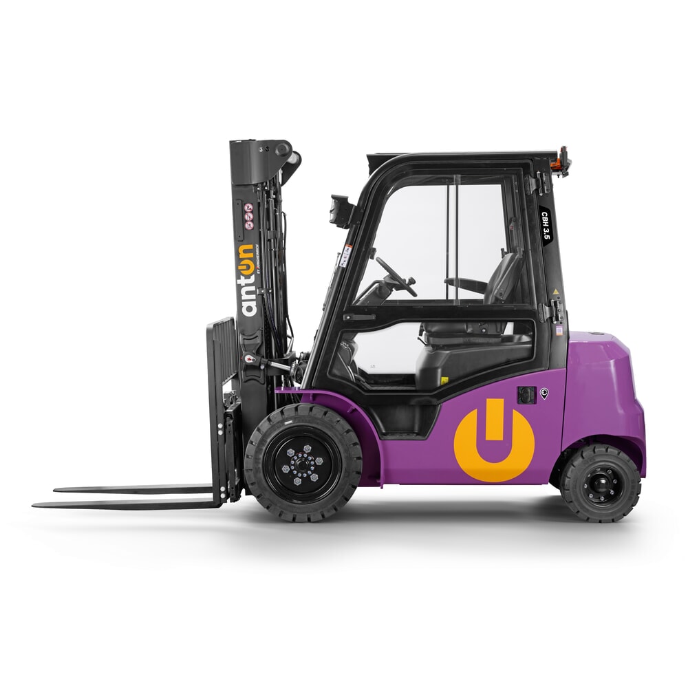 N° de l'image du produit 4 : AntOn by Jungheinrich chariot élévateur électrique CBH 3.5 avec mât télescopique triple, hauteur de levage 4 800 mm, capacité de charge 3500 kg, cabine intempéries Comfort, y compris chargeur externe 80 V, 60 A, CEE, 5 broches