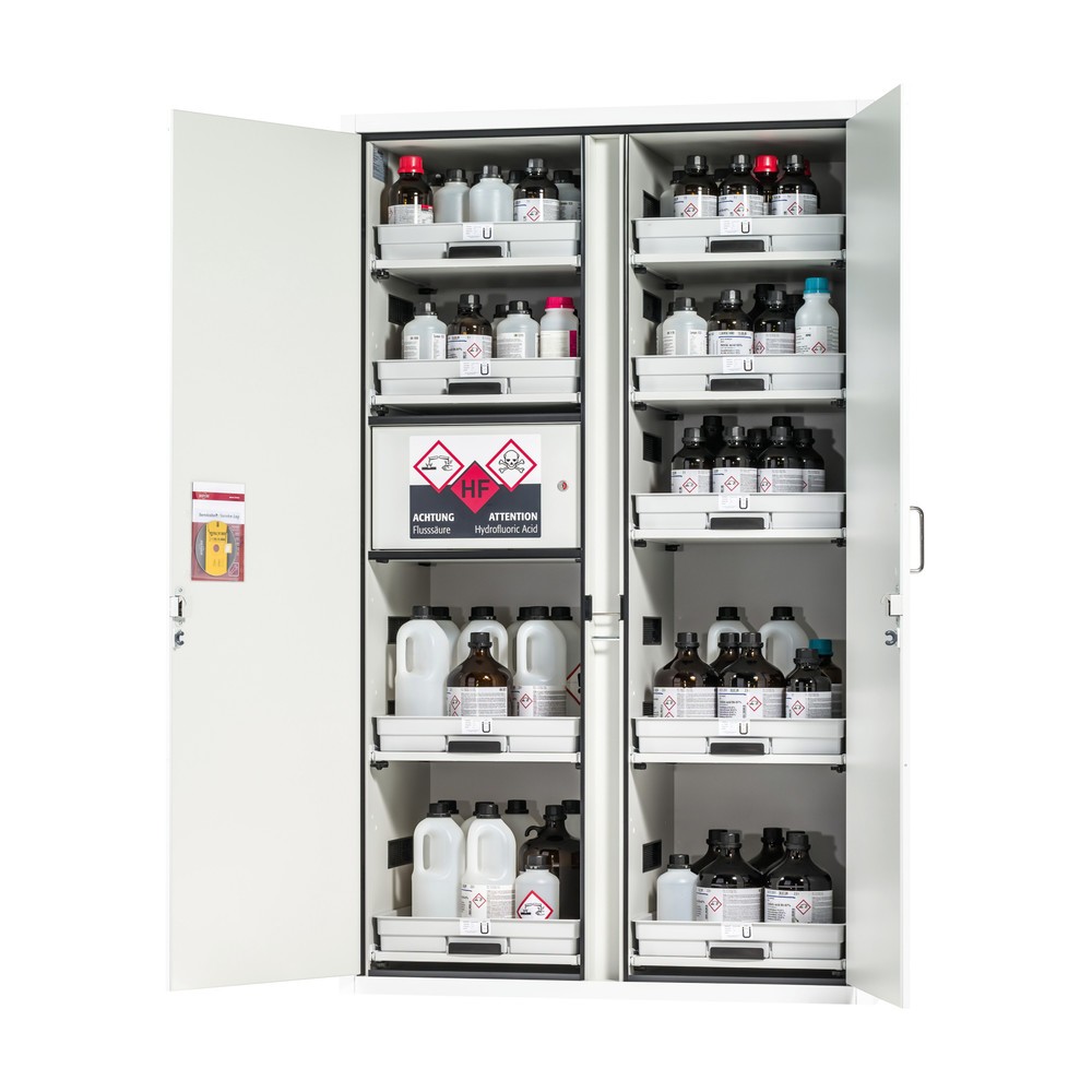 Produktabbildung Nr. 1: asecos® Classic zuur- en alkalinegarderobe, HxBxD 1.965 x 1.197 x 603 mm, 9x plank uitschuifbaar met PP-lade, 1x ingebouwd compartiment met PE-lade, laboratorium wit