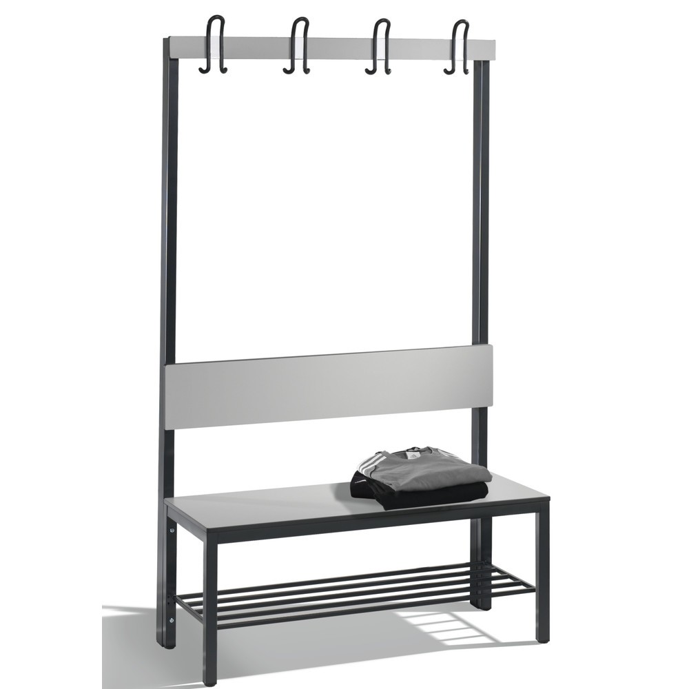 N° de l'image du produit 1 : Banc pour vestiaire C+P Basic Plus, longueur 1 000 mm, utilisable d’un seul côté, avec dossier, 4 crochets doubles, avec râtelier range-chaussures, gris-noir/gris-argent