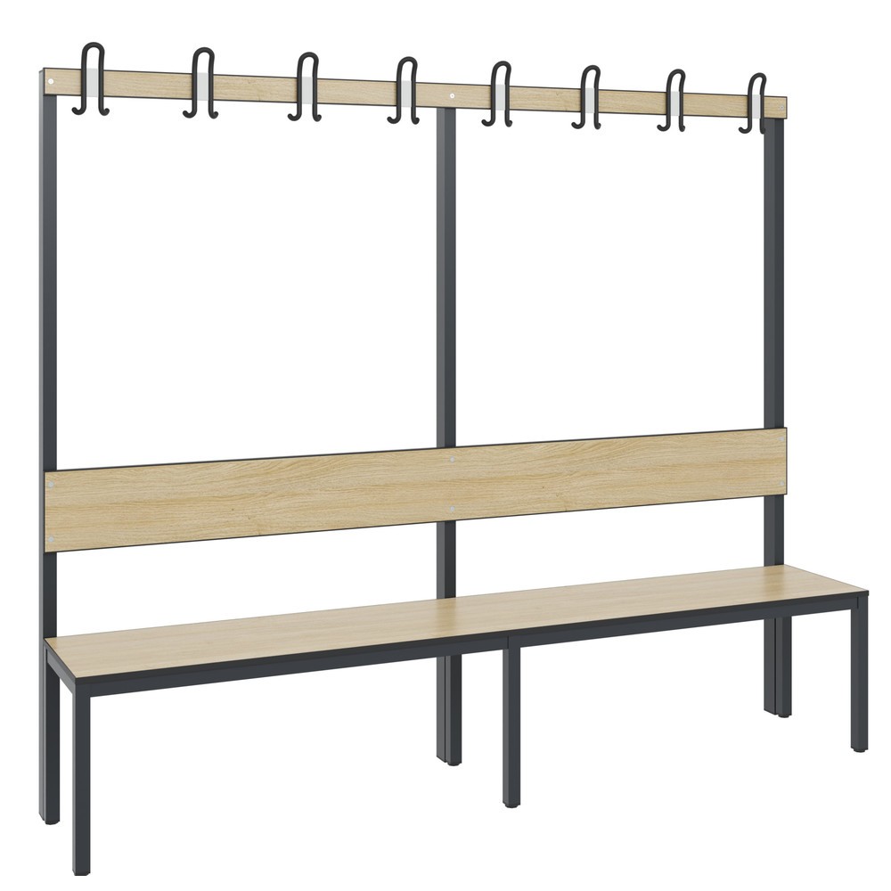 Produktabbildung Nr. 1: Banc pour vestiaire C+P Basic Plus, longueur 1 960 mm, utilisable d’un seul côté, avec dossier, 8 crochets doubles, gris-noir / chêne Sereno