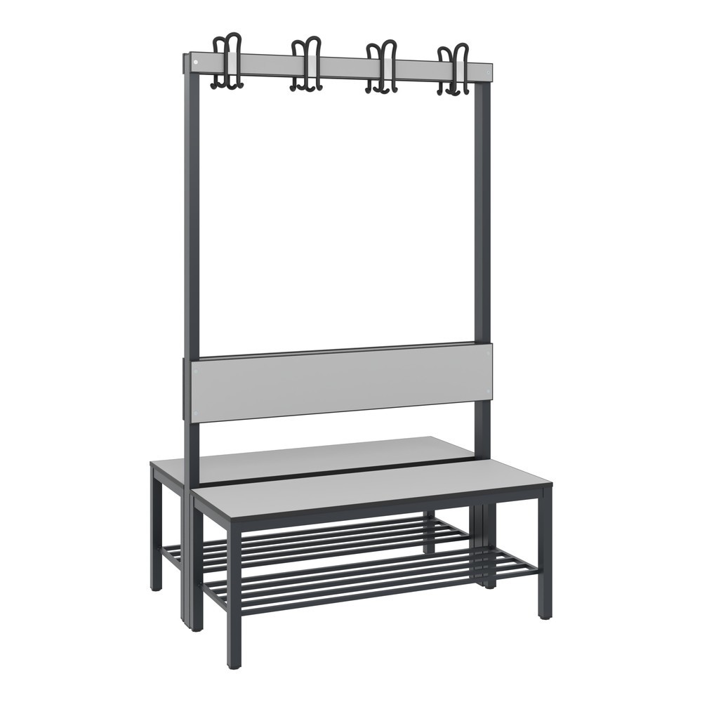 Product afbeelding: C+P kleedkamerbank Basic Plus, lengte 1.000 mm, dubbelzijdig, met rugleuning, 2x4 dubbele haken, incl. schoenenrek, zwartgrijs/zilvergrijs