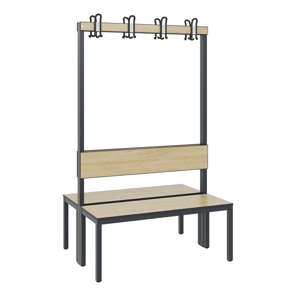 Produktabbildung Nr. 1: C+P kleedkamerbank Basic Plus, lengte 1.000 mm, dubbelzijdig, met rugleuning, 2x4 dubbele haken, zwartgrijs/eiken sereno