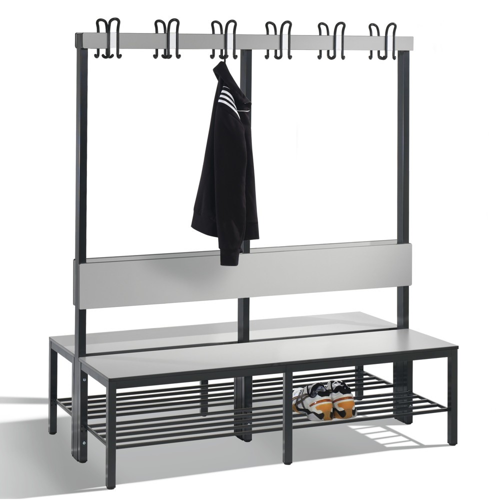 Produktabbildung Nr. 1: C+P kleedkamerbank Basic Plus, lengte 1.500 mm, dubbelzijdig, met rugleuning, 2x6 dubbele haken, incl. schoenenrek, zwartgrijs/zilvergrijs
