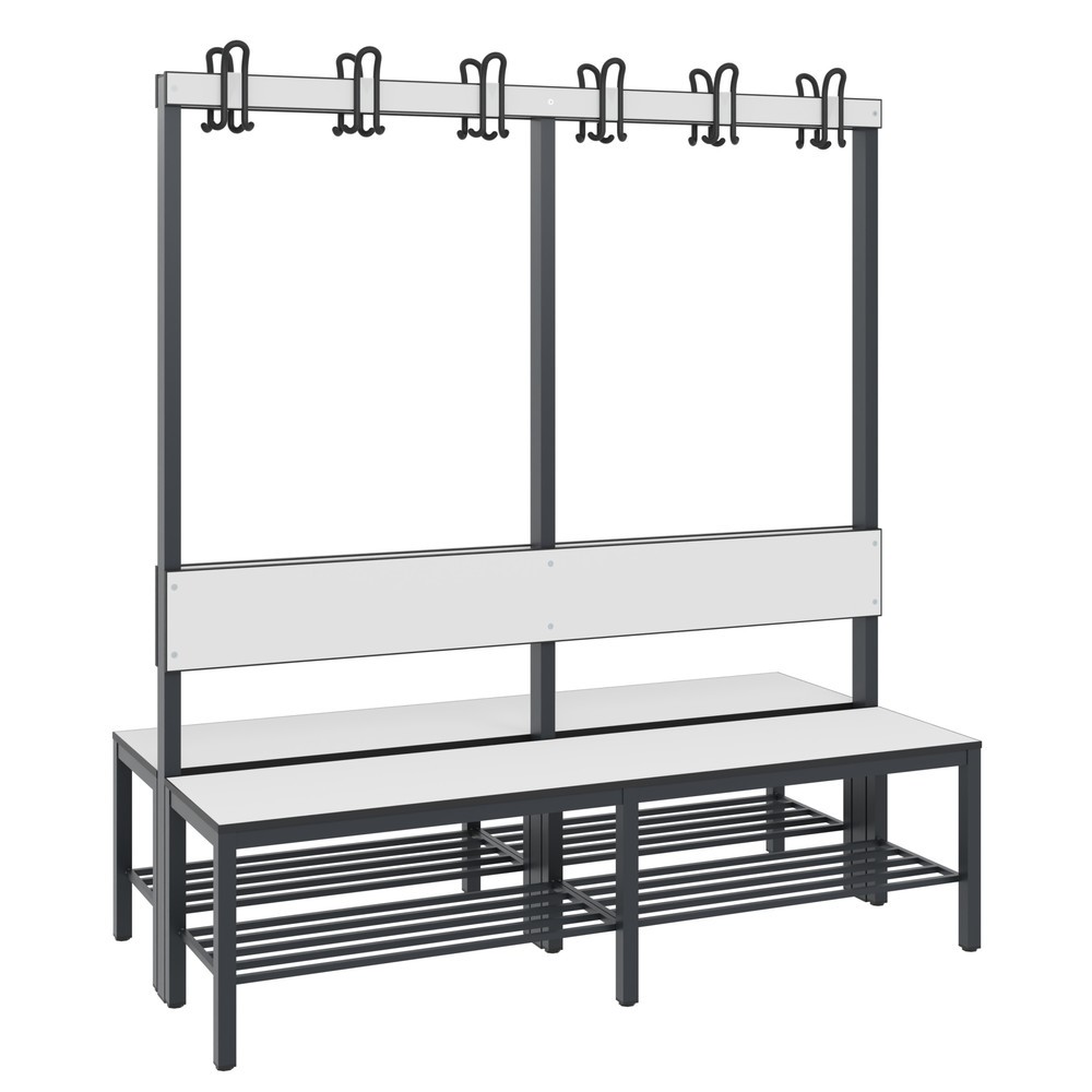 Produktabbildung Nr. 1: C+P kleedkamerbank Basic Plus, lengte 1.500 mm, dubbelzijdig, met rugleuning, 2x6 dubbele haken, incl. schoenenrek, zwartgrijs/wit