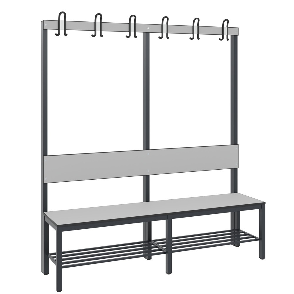 Produktabbildung Nr. 1: C+P kleedkamerbank Basic Plus, lengte 1.500 mm, eenzijdig, met rugleuning, 6 dubbele haken, incl. schoenenrek, zwartgrijs/zilvergrijs