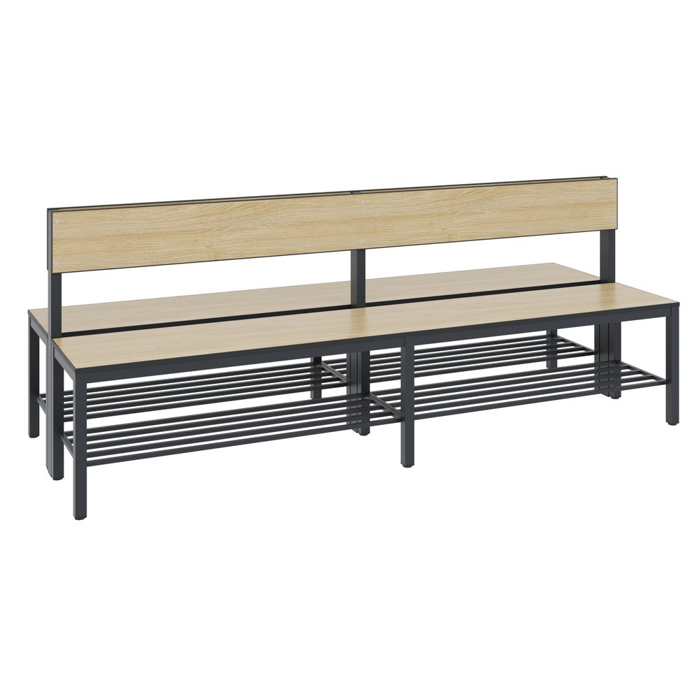 Productafbeelding nr. 1: C+P kleedkamerbank Basic Plus, lengte 1.960 mm, dubbelzijdig, met rugleuning, incl. schoenenrek, zwartgrijs/eiken sereno
