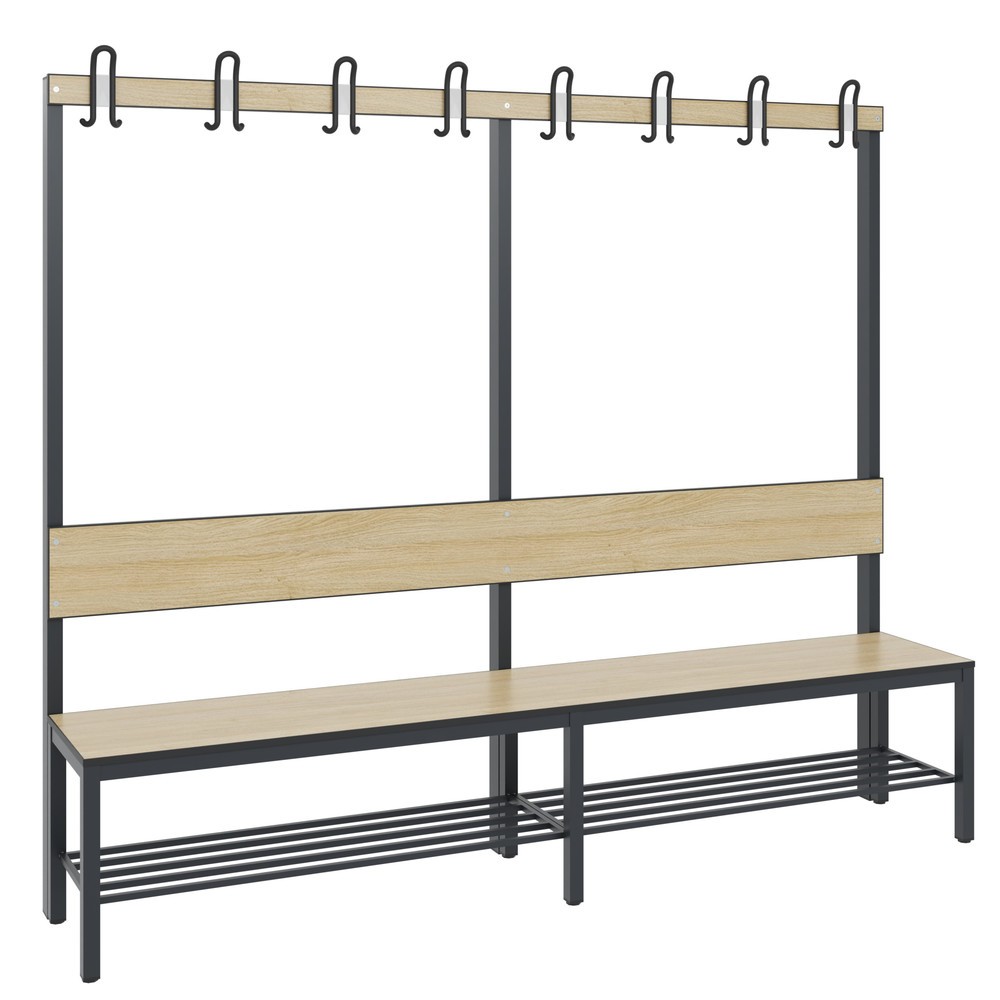 Productafbeelding nr. 1: C+P kleedkamerbank Basic Plus, lengte 1.960 mm, eenzijdig, met rugleuning, 8 dubbele haken, incl. schoenenrek, zwartgrijs/eiken sereno