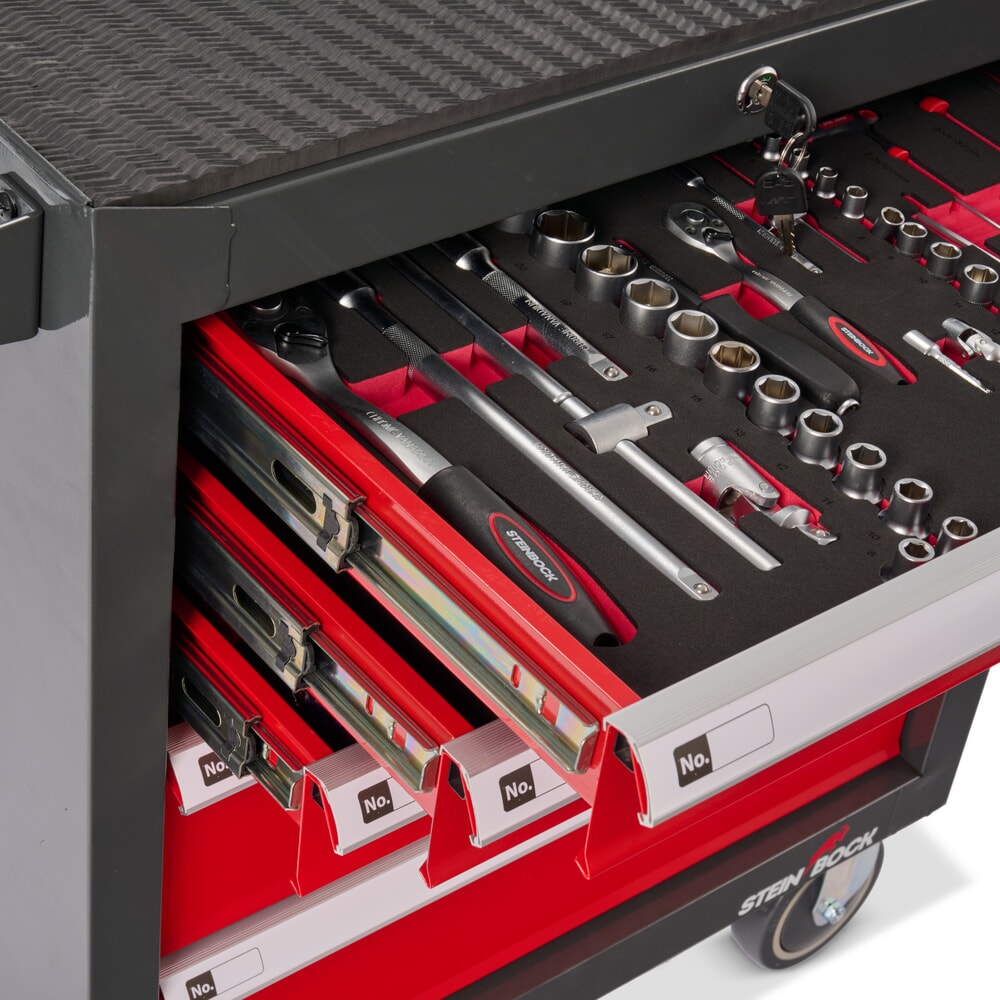 N° de l'image du produit 6 : Chariot d’atelier Steinbock® S, 5 tiroirs, verrouillable, avec assortiment d’outils de 92 pièces