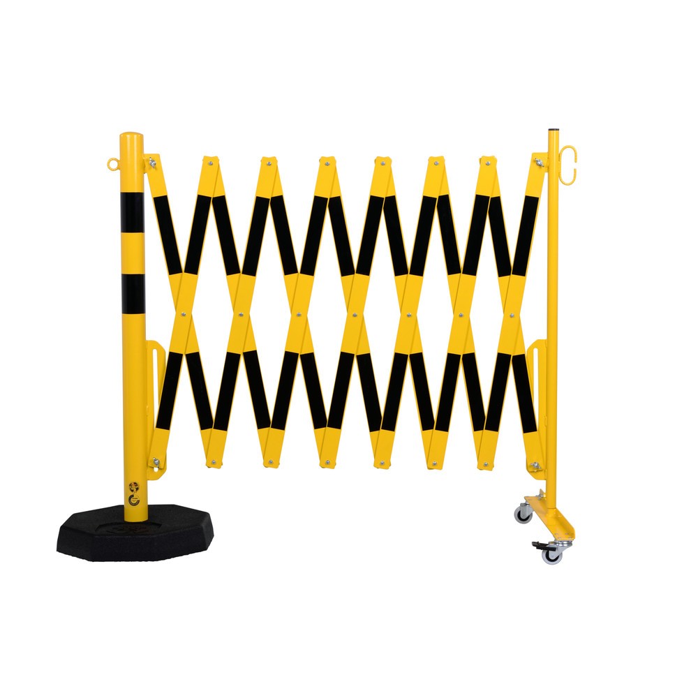 dancop Barrière extensible, 1 pied à roulette, 1 poteau stabilisateur, largeur 4 000 mm, jaune/noir Illustration du produit: dancop Barrière extensible, 1 pied à roulette, 1 poteau stabilisateur, largeur 4 000 mm, jaune/noir