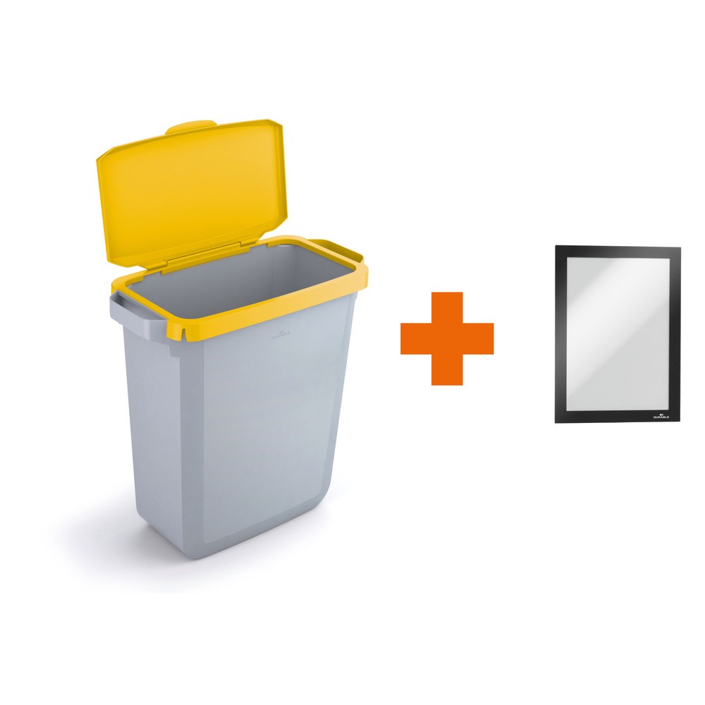 Product afbeelding: DURABLE afvalbak DURABIN 60L met klapdeksel + informatiekader DURAFRAME, geel.