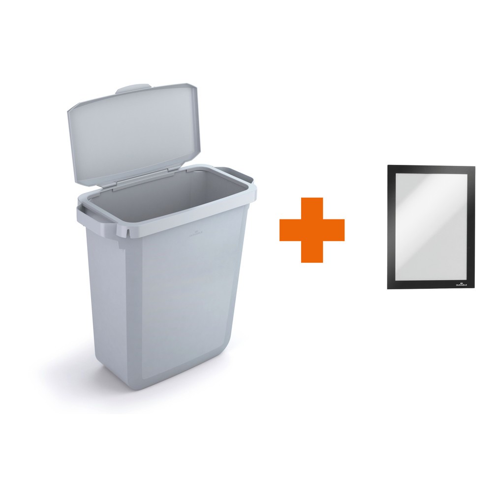 N° de l'image du produit 1 : DURABLE Conteneur à déchets DURABIN® 60L avec couvercle rabattable + cadre d’affichage DURAFRAME®, gris