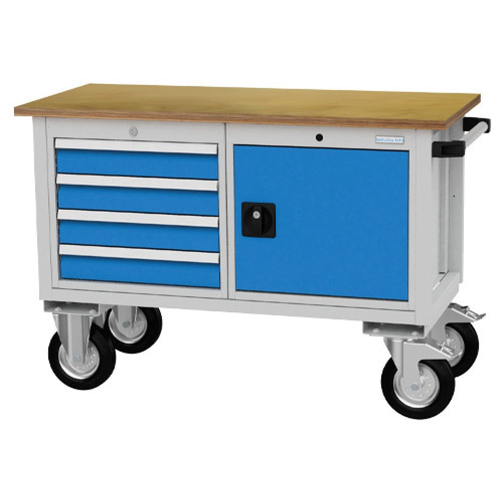 N° de l'image du produit 1 : Établi mobile R 18-16 Bedrunka+Hirth, H x l x P 820 x 1 200 x 540 mm, gris clair, bleu clair, 4 tiroirs 4 x 100 mm, 1 porte battante 1 x 400 mm