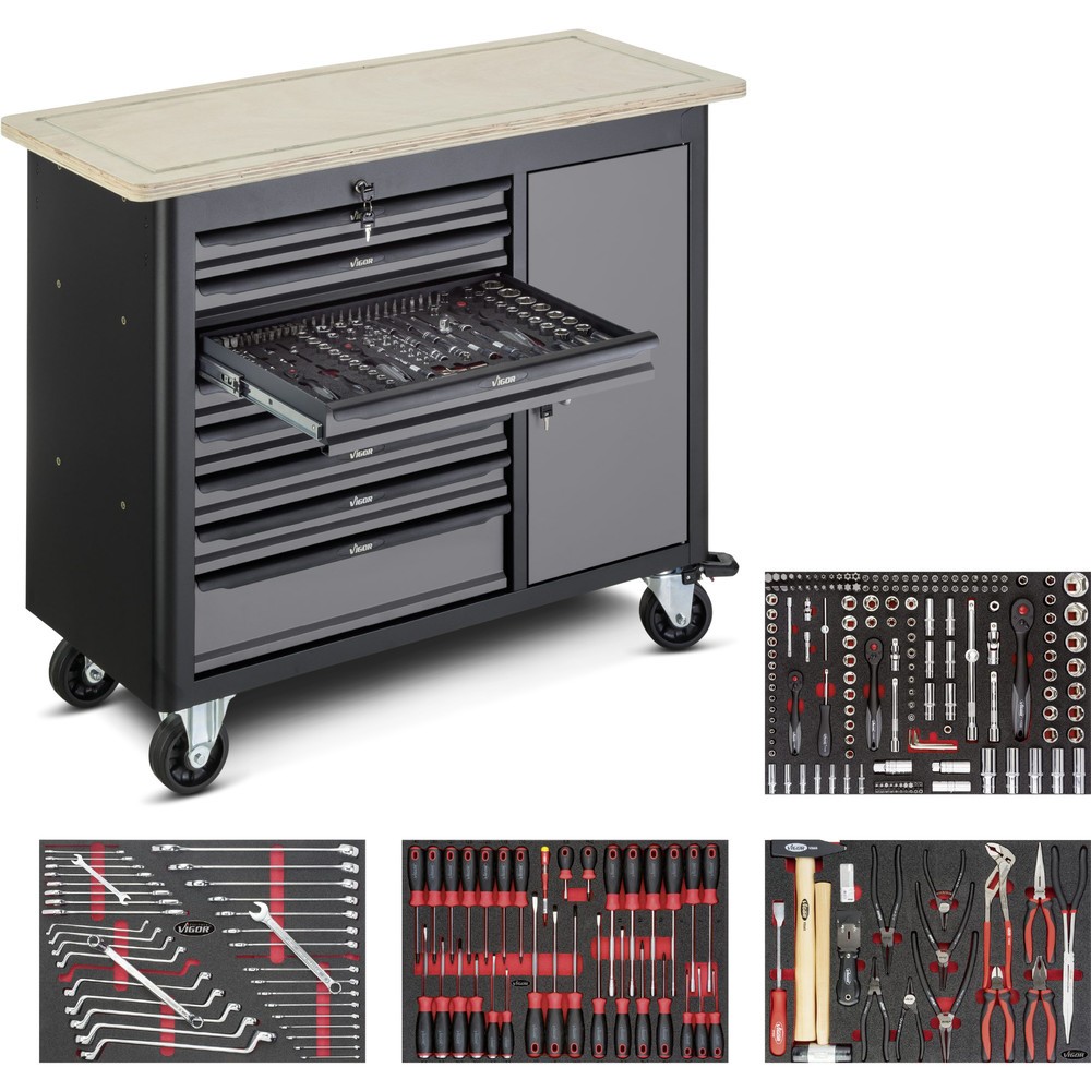 N° de l'image du produit 1 : Établi VIGOR® 1000, assortiment avec 265 pièces inclus, 8 tiroirs + 1 armoire