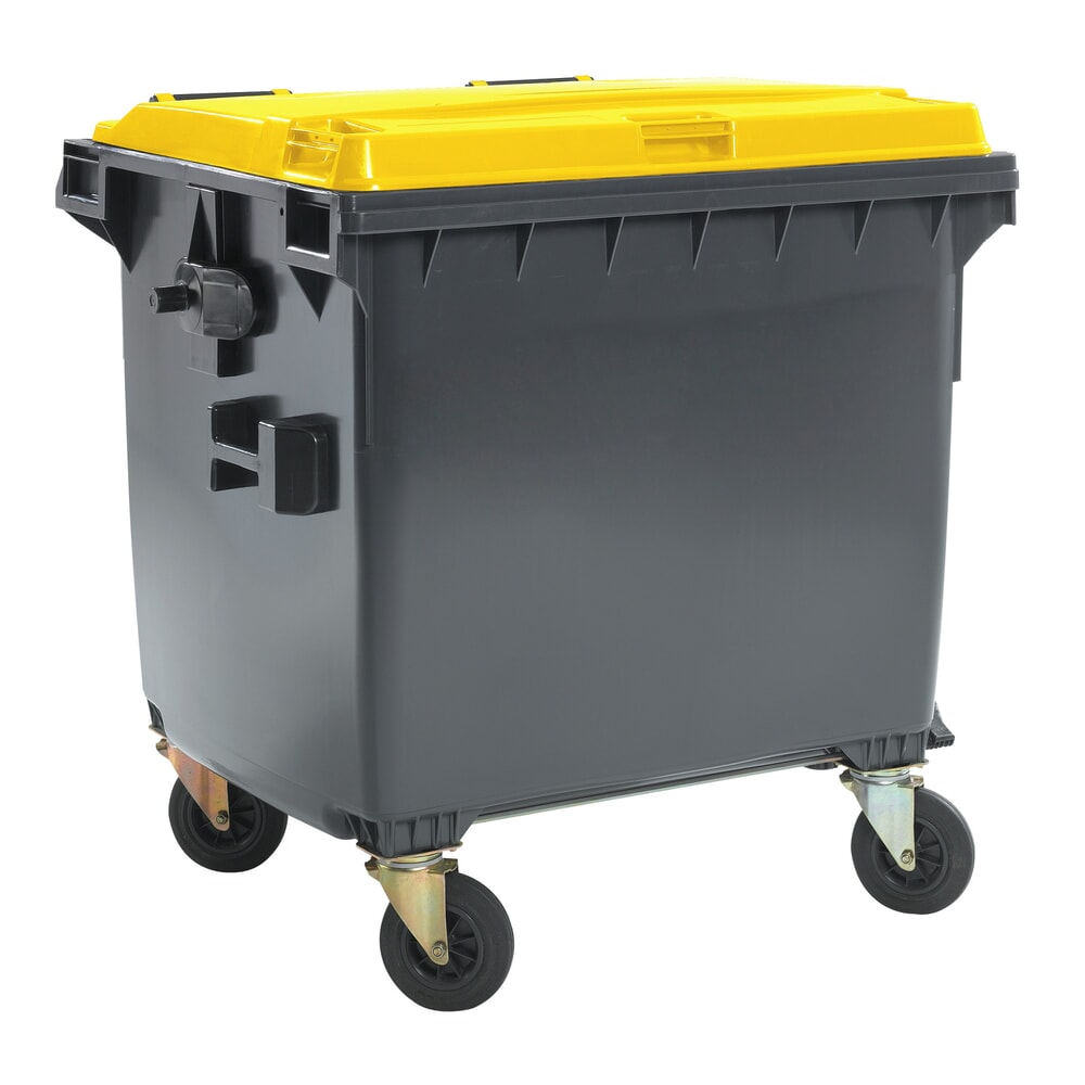 Illustration du produit: Grande poubelle mobile avec 4 roulettes, couvercle plat, 1 100 litres, noir-gris, couvercle jaune