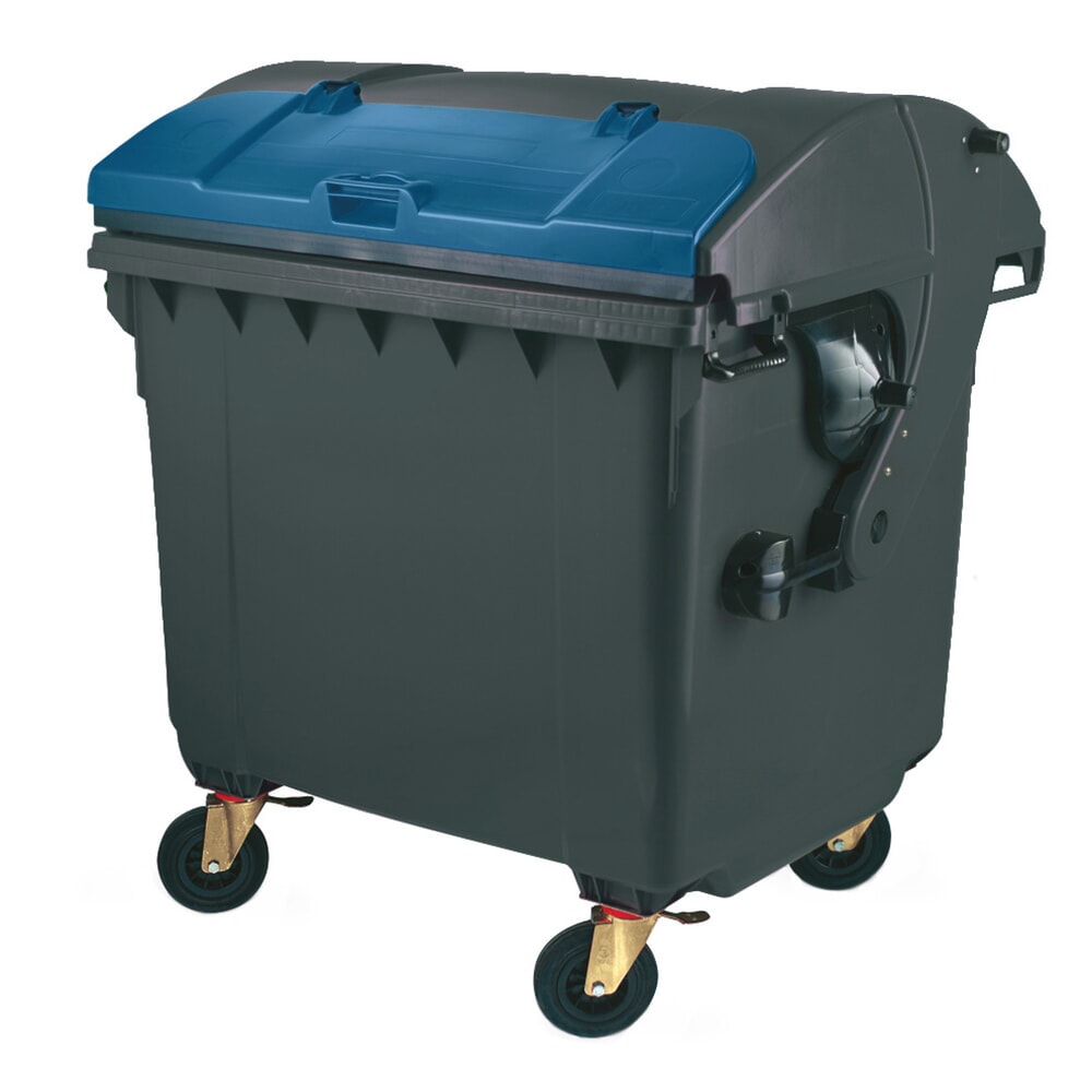 Product afbeelding: Mobiele grote vuilnisbak met 4 wielen, rond deksel met klep, 1.100 liter, zwartgrijs, klep gentiaanblauw