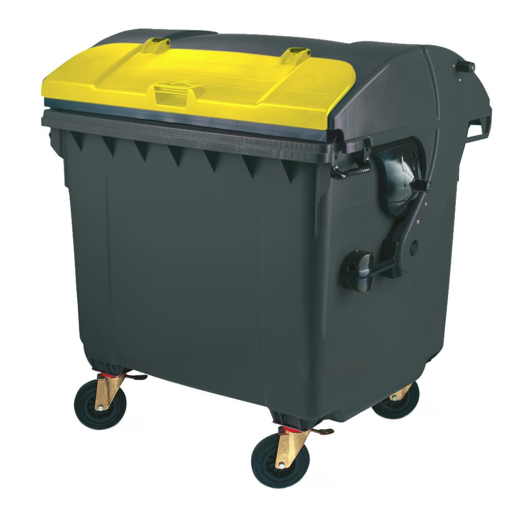 Product afbeelding: Mobiele grote vuilnisbak met 4 wielen, rond deksel met klep, 1.100 liter, zwartgrijs, klep geel