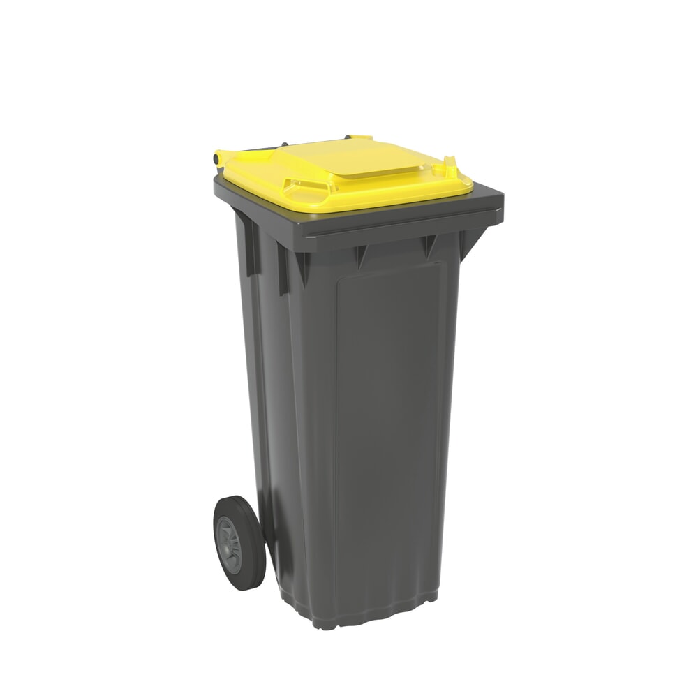 Product afbeelding: Mobiele vuilnisbak van HDPE, 2 wielen, 80 liter, zwartgrijs, deksel geel