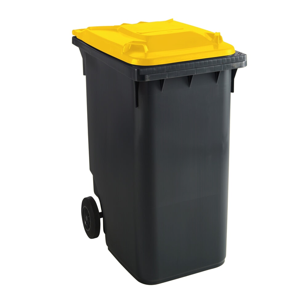 Illustration du produit: Poubelle mobile GMT eXtra en polyéthylène haute densité conforme à la norme DIN EN 840, 360 litres, noir-gris, couvercle jaune