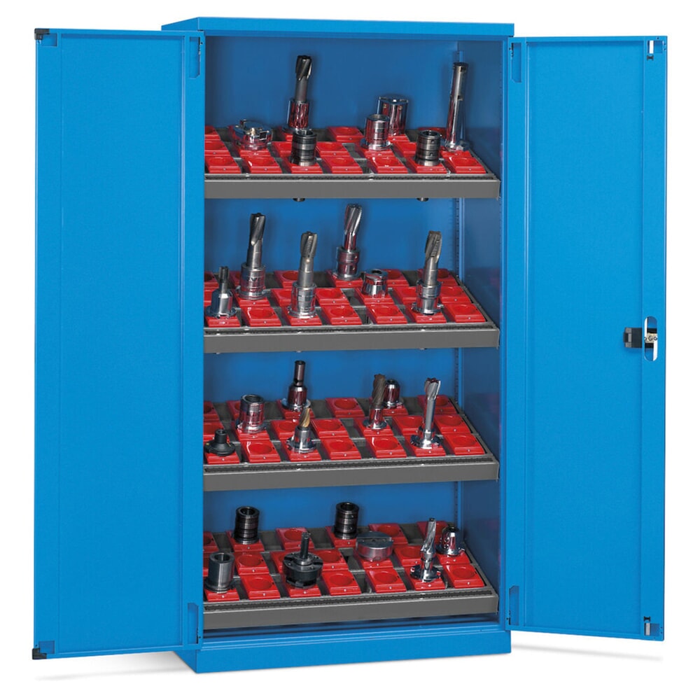 N° de l'image du produit 2 : Fami PERFOM Armoire à outils CNC, 4 tablettes, HxlxP 2 000 x 1 023 x 726 mm, 50 supports d’outils ISO 50, bleu clair