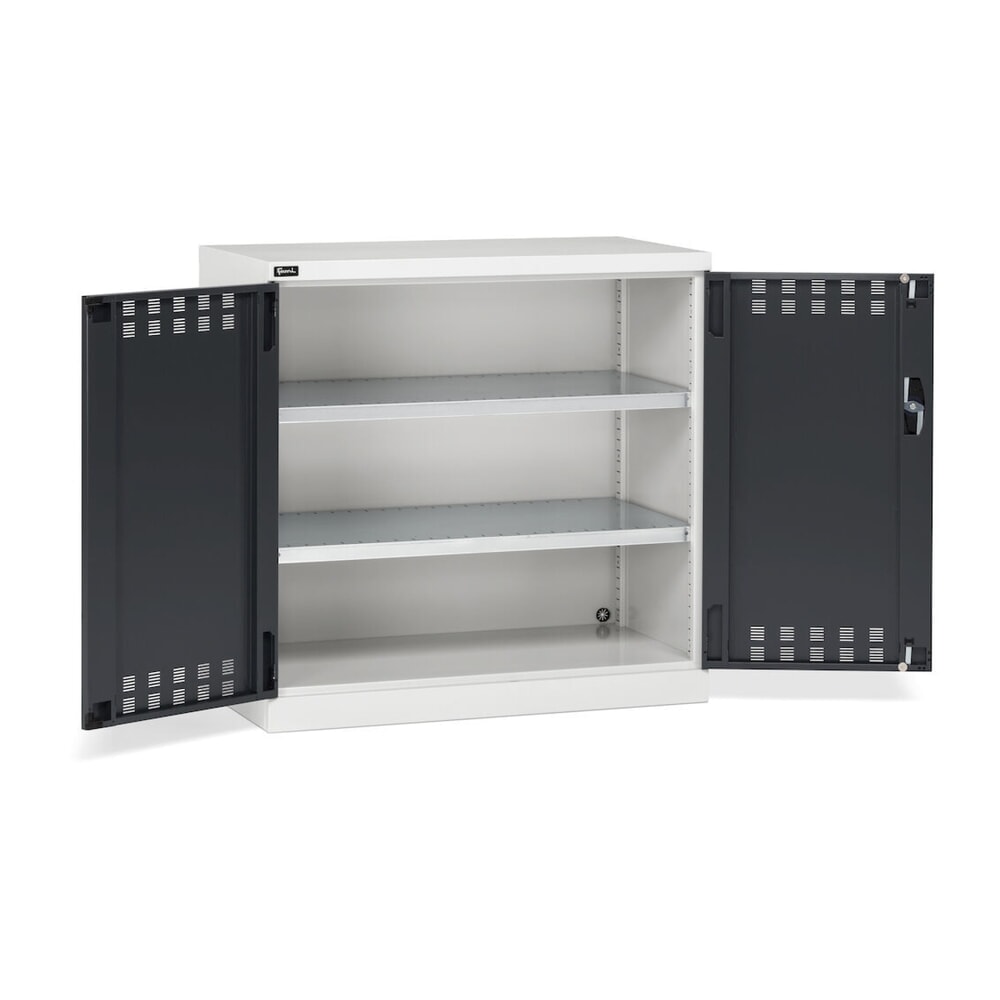 N° de l'image du produit 3 : Fami PERFOM Armoire à portes battantes, 2 tablettes, portes battantes perforées, HxlxP 1 000 x 1 023 x 555 mm, gris clair, anthracite