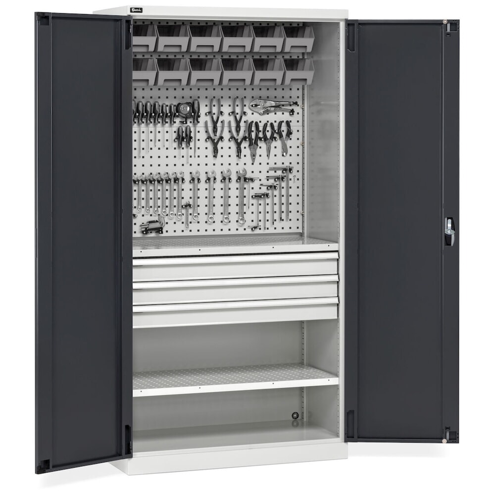 N° de l'image du produit 11 : Fami PERFOM Armoire d'atelier, 3 tiroirs, plaques perforées, bacs à bec, HxlxP 2 000 x 1 023 x 726 mm, gris clair, anthracite