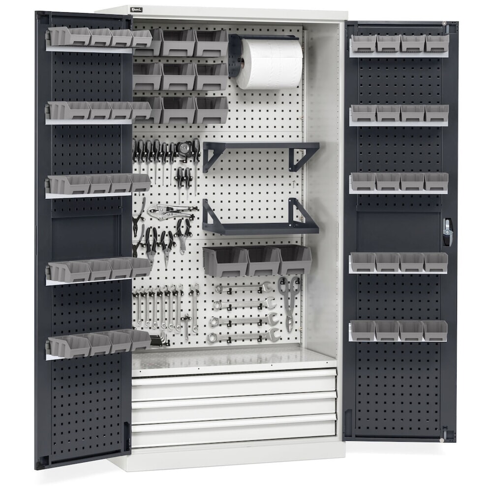 N° de l'image du produit 13 : Fami PERFOM Armoire d'atelier, 4 tablettes perforées, 3 tiroirs, plaques perforées pour porte, bacs à bec, HxlxP 2 000 x 1 023 x 726 mm, gris clair, anthracite