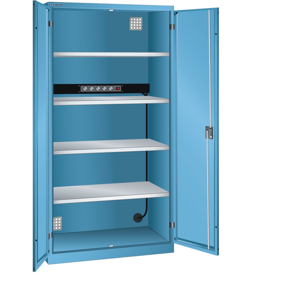 Illustration du produit: Armoire à casiers LISTA avec prises électriques, (lxPxH) 1 000x580x1 950 mm, 1 bloc multiprises sur paroi arrière, bleu clair